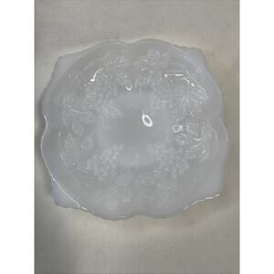 Vintage Anchor Hocking Milk Glass Bowl Pedestal Grape & Vine Pattern 10”